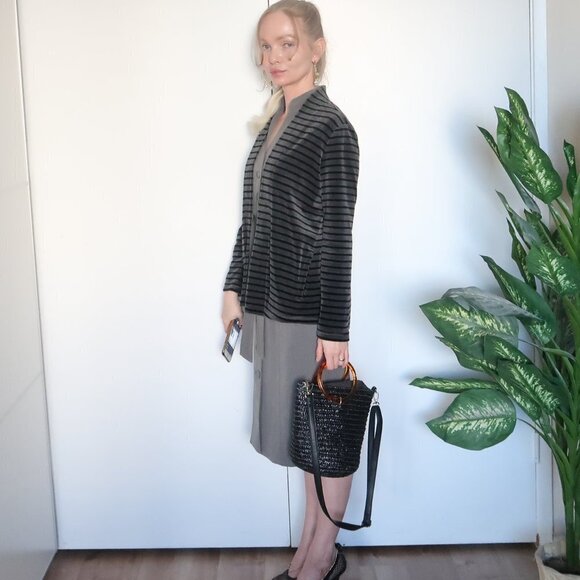 Talbots Grey & Black Striped Open Front Velvet Cardigan - Picture 15 of 16